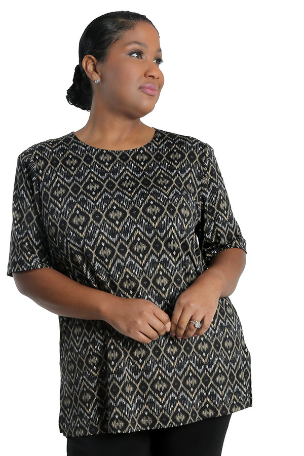 Vikki Vi Jersey Gold Ikat Short Sleeve Tunic