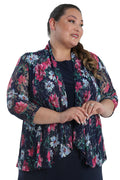 Vikki Vi Navy and Pink Lace 3/4 Kimono Jacket