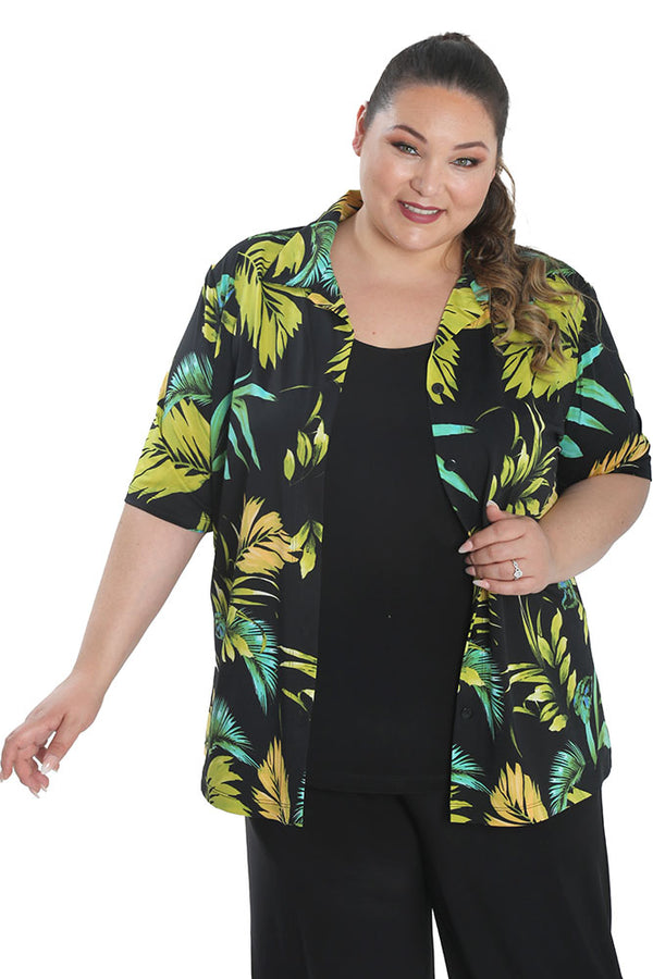 Vikki Vi Jersey Lime Palm Camp Shirt
