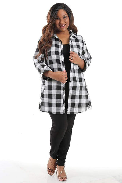 Tops Vikki Vi Black and White Plaid Fit and Flare Blouse