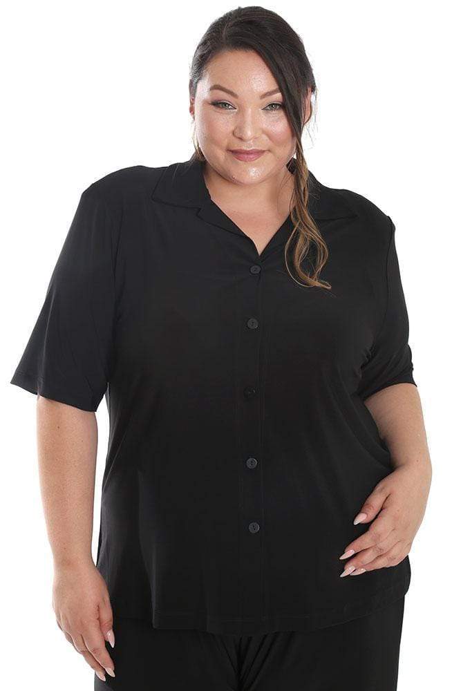 Vikki Vi Jersey Black Camp Shirt | PlusbyDesign.com
