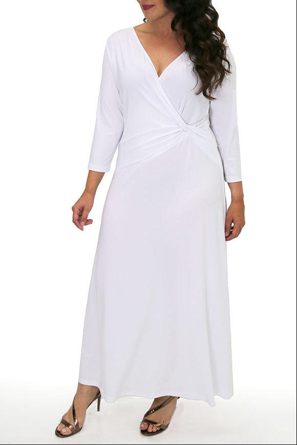 Vikki Vi Jersey White 3/4 Sleeve Faux Wrap Maxi Dress | PlusbyDesign.com